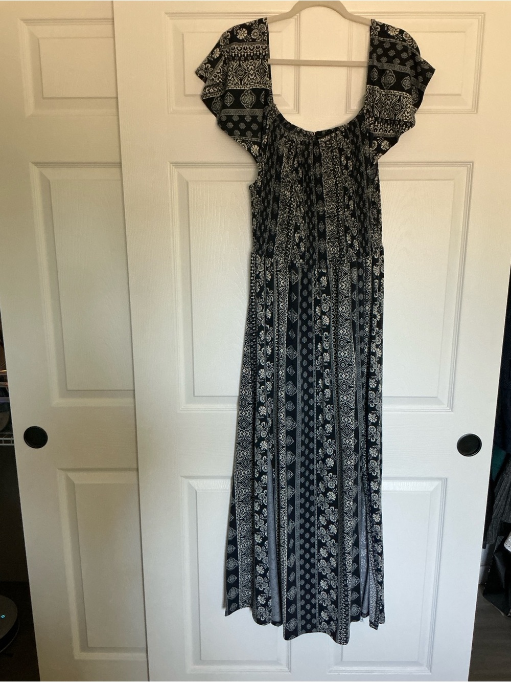Blue and White Printed Maxi Dress - Women's Summer Boho Style